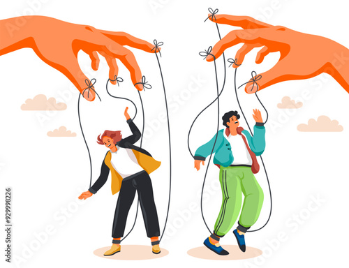 Manipulation rope. Authority domination dictator manipulation concept, man woman puppet on string master hands control boss employee exploitation manipulator vector illustration