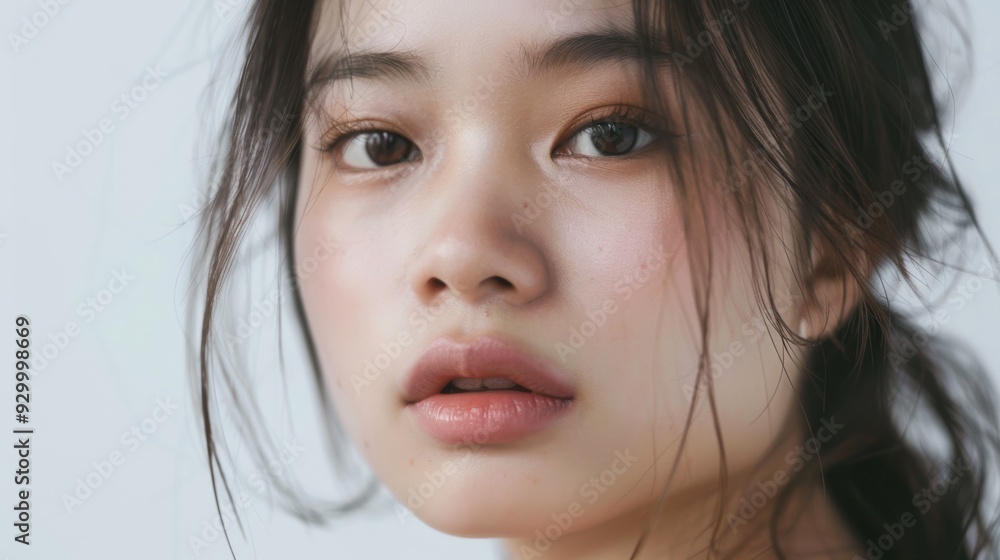 A close-up portrait of a young woman with natural makeup and loose hair, looking directly at the camera with an enigmatic expression. A close-up portrait of a young woman with natural makeup and loose hair, looking directly at the camera with an enigmatic expression.