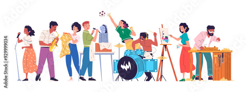 People hobby group. Friends team with different hibbies various, people crowd diverse creative activity art community enjoy entertainment talanted persons vector illustration