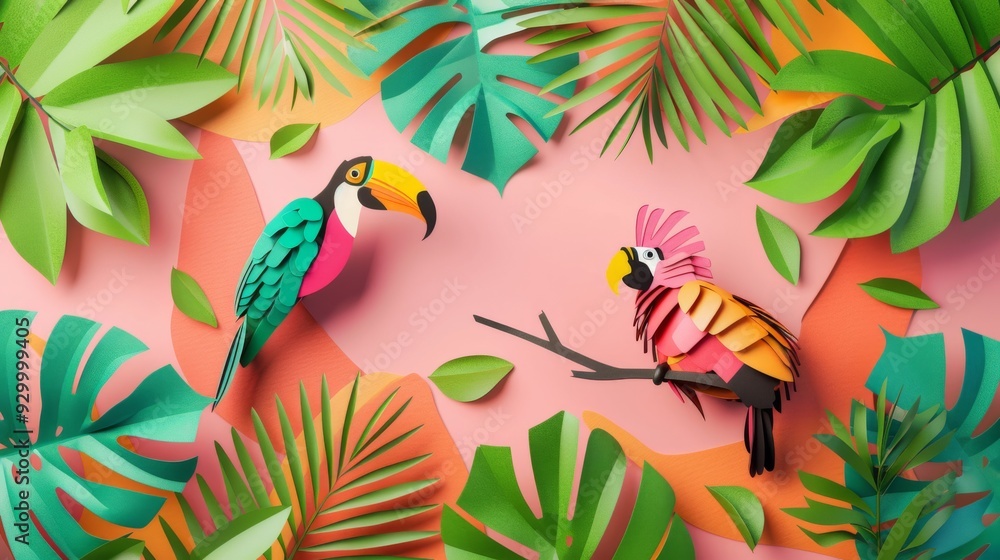 Naklejka premium Vibrant paper art of two exotic birds amidst lush green foliage, creating a dynamic and lively tropical scene against a soft pink background.
