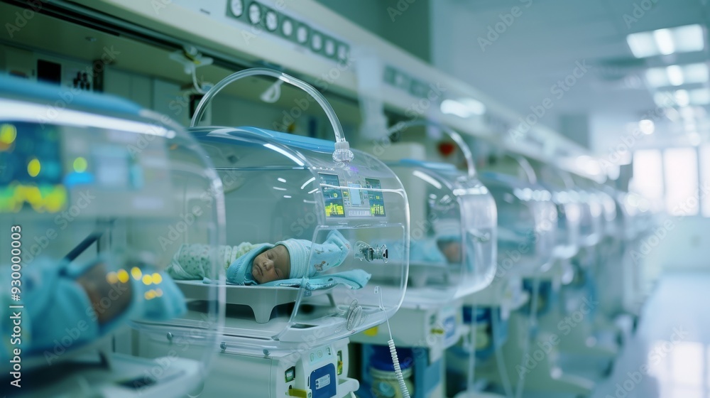 Rows of incubators with tiny newborns lie in a medical facility, portraying the delicate care and advanced technology dedicated to infant health. Rows of incubators with tiny newborns lie in a medical facility, portraying the delicate care and advanced technology dedicated to infant health.