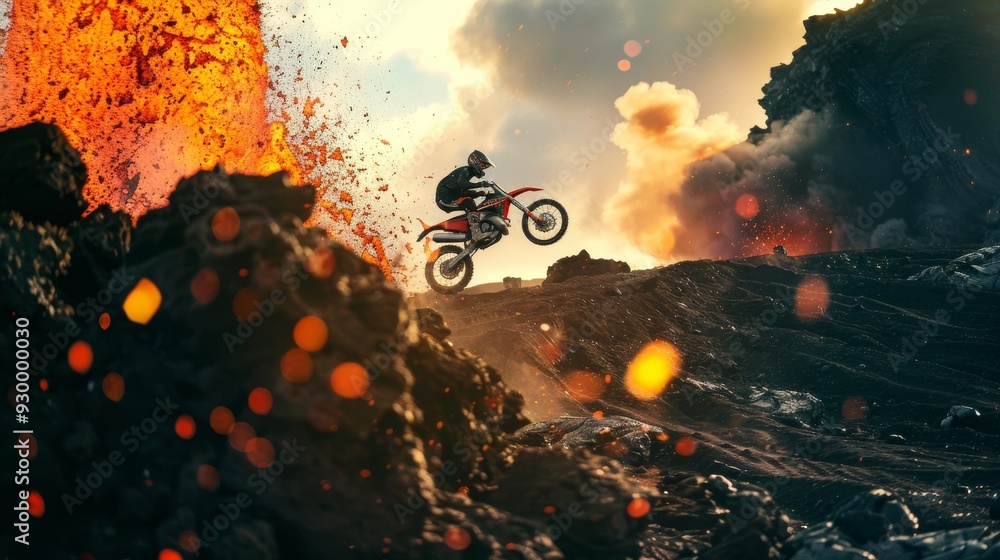 A dynamic scene with a motocross rider soaring above erupting lava, capturing the thrilling clash between man and nature. A dynamic scene with a motocross rider soaring above erupting lava, capturing the thrilling clash between man and nature.