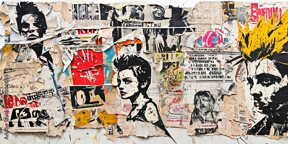 Naklejka premium A wall covered in graffiti and posters with a girl in the middle