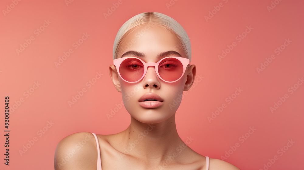Elegant pink sunglasses with a subtle round design, worn by a model with platinum blonde hair, against a coral backdrop. Elegant pink sunglasses with a subtle round design, worn by a model with platinum blonde hair, against a coral backdrop.