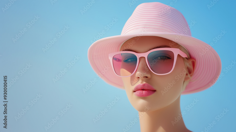 Fashionable pink sunglasses with a stylish hat, worn by a model against a bright sky, ideal for a sunny day. Fashionable pink sunglasses with a stylish hat, worn by a model against a bright sky, ideal for a sunny day.
