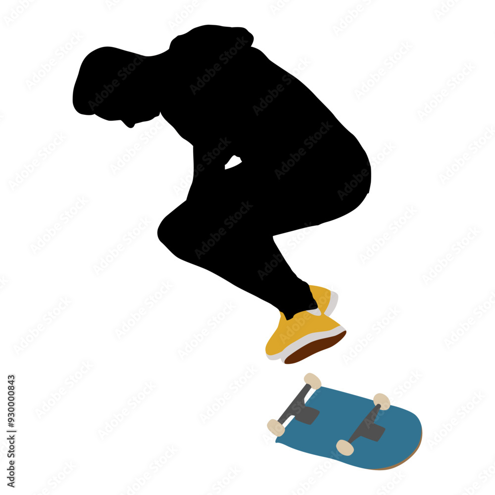 Dynamic silhouette of skateboarder performing mid-air trick. Skate flip trick. Colored vector illustration of silhouette. Fluid motion and athletic skateboarding skill Dynamic silhouette of skateboarder performing mid-air trick. Skate flip trick. Colored vector illustration of silhouette. Fluid motion and athletic skateboarding skill