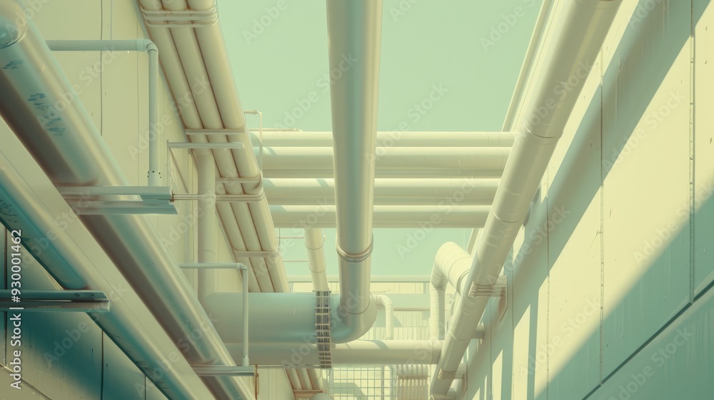 Overlapping pipes cast intriguing shadows, creating a maze-like industrial scene bathed in soft, diffused light. Overlapping pipes cast intriguing shadows, creating a maze-like industrial scene bathed in soft, diffused light.