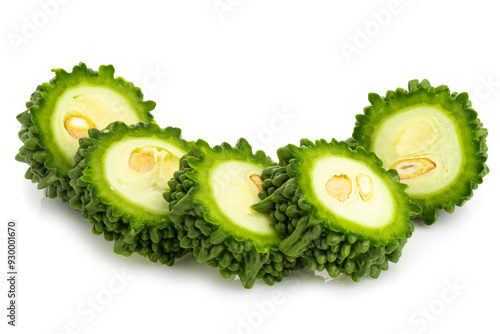 Fresh bitter gourd Bitter cucumber or bitter melon with cut slice isolated on a white background.