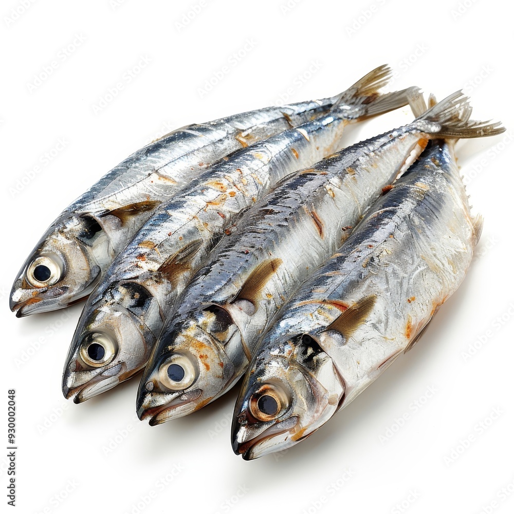 Four fresh sardines with shiny scales, presented on a white background, ideal for seafood, culinary, and nutrition-related content. Four fresh sardines with shiny scales, presented on a white background, ideal for seafood, culinary, and nutrition-related content.