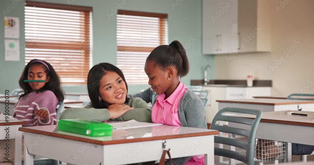 Woman, teacher and talking to help student in classroom, test and study information for knowledge. Female person, girl and learning at desk or scholarship, assessment and support for exam or lesson Woman, teacher and talking to help student in classroom, test and study information for knowledge. Female person, girl and learning at desk or scholarship, assessment and support for exam or lesson