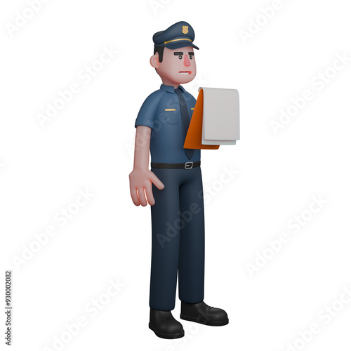 Illustrated 3D Policeman. A police officer is holding several files or documents in his hands with a serious and attentive expression. Male Authority Figure