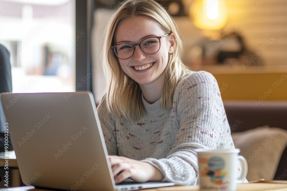Young blonde woman with glasses smiling while working on a laptop in a cozy office or café setting, with coffee cup and casual attire. Young blonde woman with glasses smiling while working on a laptop in a cozy office or café setting, with coffee cup and casual attire.
