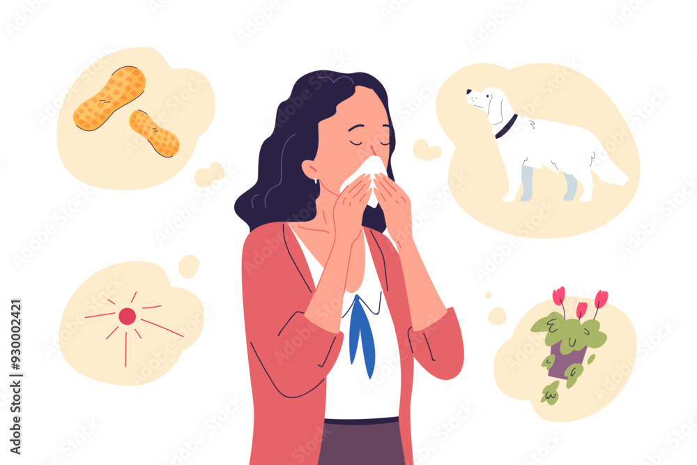 Woman allergy. Girl with handkerchief cough sneezing nose blowing, allergic reaction on fur pet flower pollen or food seasonal illness sick patient flu symptom vector illustration Woman allergy. Girl with handkerchief cough sneezing nose blowing, allergic reaction on fur pet flower pollen or food seasonal illness sick patient flu symptom vector illustration