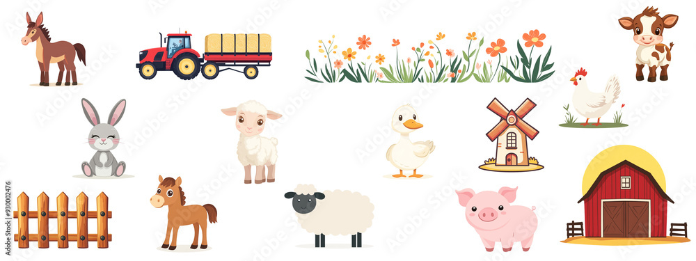 Set. Animal farm, farm elements with many animals isolated on white background. Set. Animal farm, farm elements with many animals isolated on white background.
