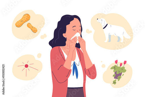 Woman allergy. Girl with handkerchief cough sneezing nose blowing, allergic reaction on fur pet flower pollen or food seasonal illness sick patient flu symptom vector illustration