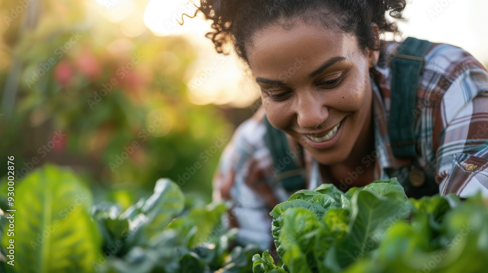 A woman happily cultivates fresh greens in her garden under warm afternoon light A woman happily cultivates fresh greens in her garden under warm afternoon light
