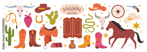 Cowboy vector big set. Wild West concept. Flat hand drawn illustration with hat, horse, sheriff badge, and boots