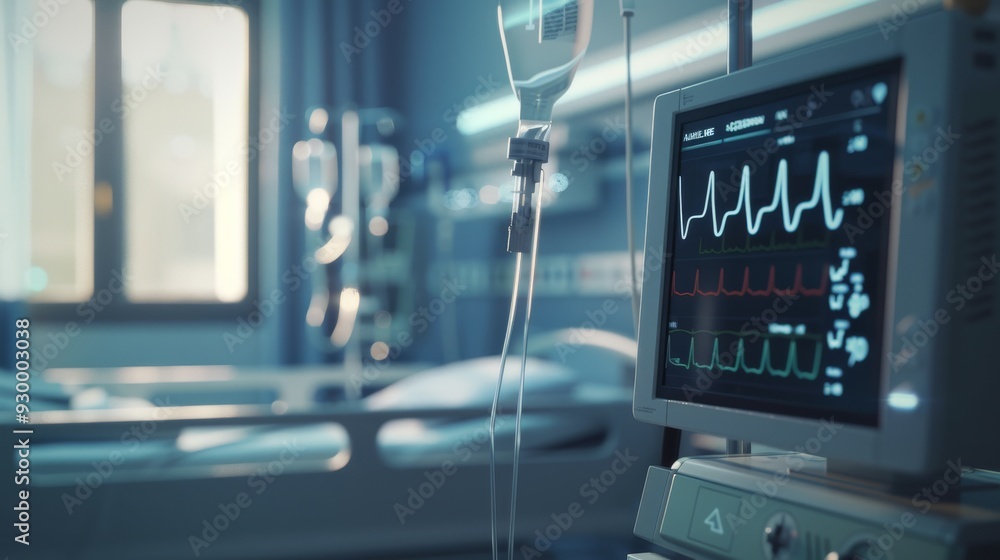 Obraz premium A high-tech hospital monitor displaying vital signs next to a clean and organized ICU bed, highlighting the importance of precise and vigilant healthcare.