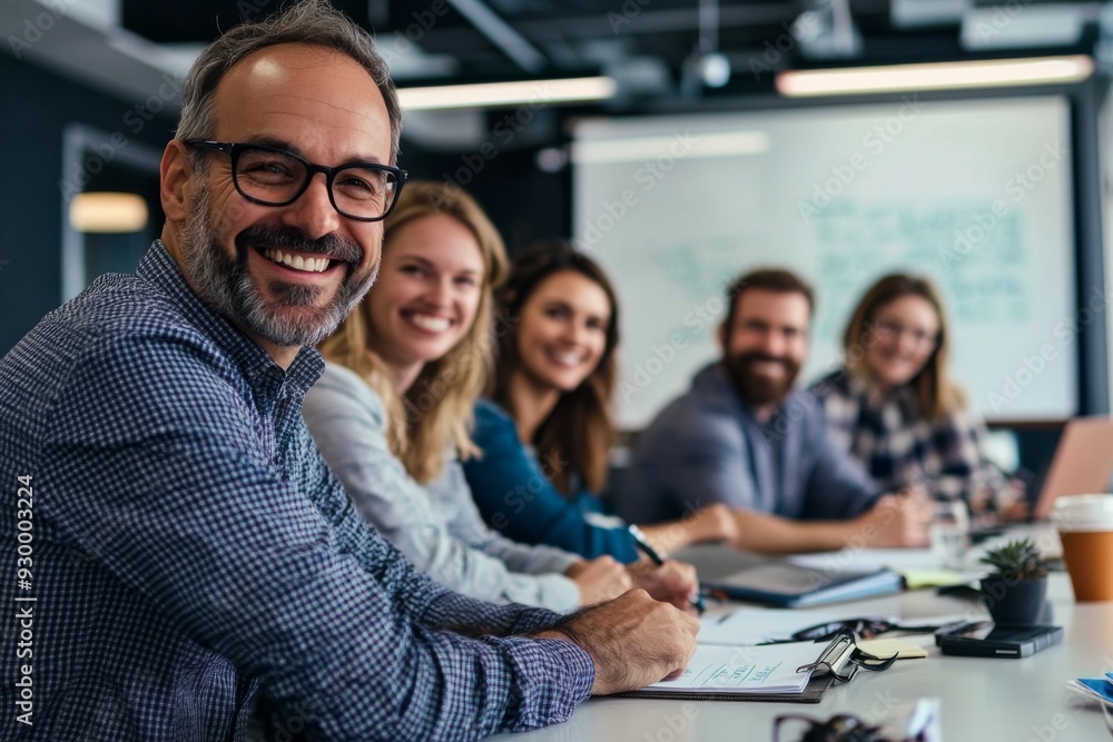 Happy businesspeople at a conference table, smiling and looking at the camera. A man with glasses takes notes on a board during a casual meeting or training session. Studio lighting used. Happy businesspeople at a conference table, smiling and looking at the camera. A man with glasses takes notes on a board during a casual meeting or training session. Studio lighting used.