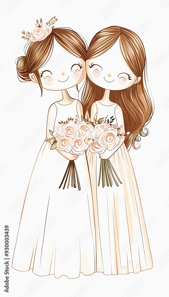 Two Smiling Girls in White Dresses Holding Bouquets of Flowers Two Smiling Girls in White Dresses Holding Bouquets of Flowers