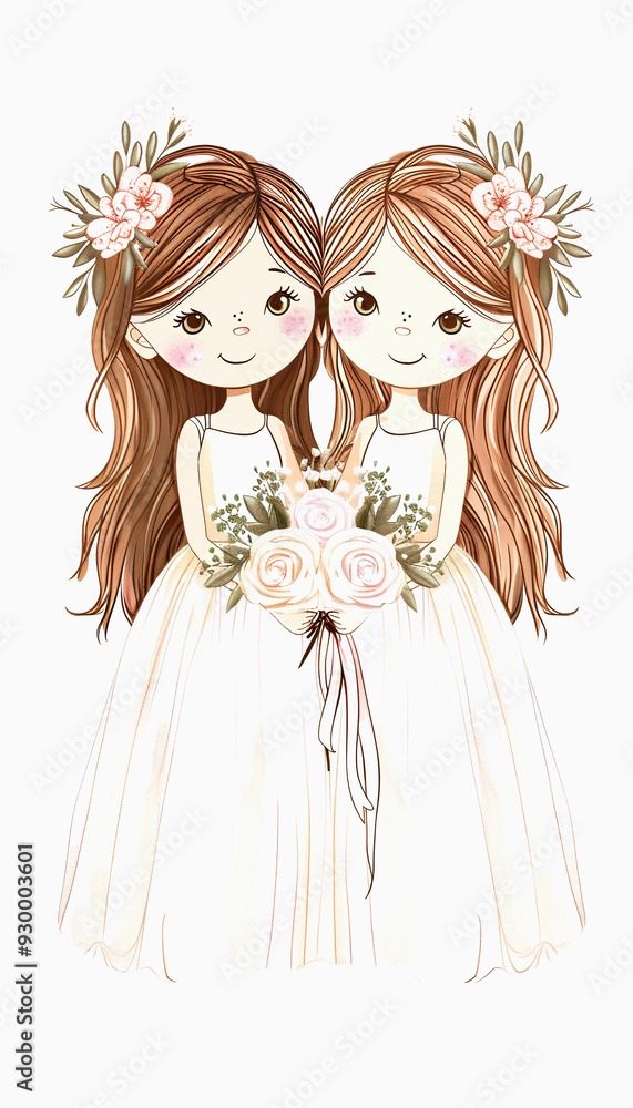Two Young Girls in White Dresses Holding a Bouquet of Roses Two Young Girls in White Dresses Holding a Bouquet of Roses