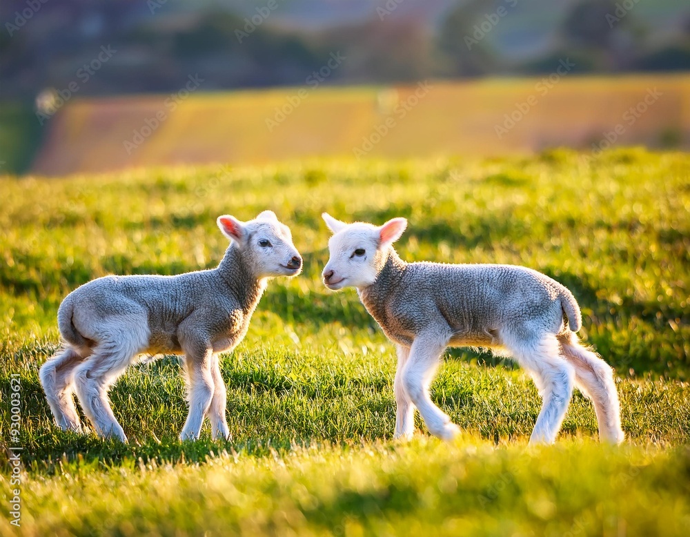 Obraz premium Funny two lambs playing in the green field at sunny day. AI generated image