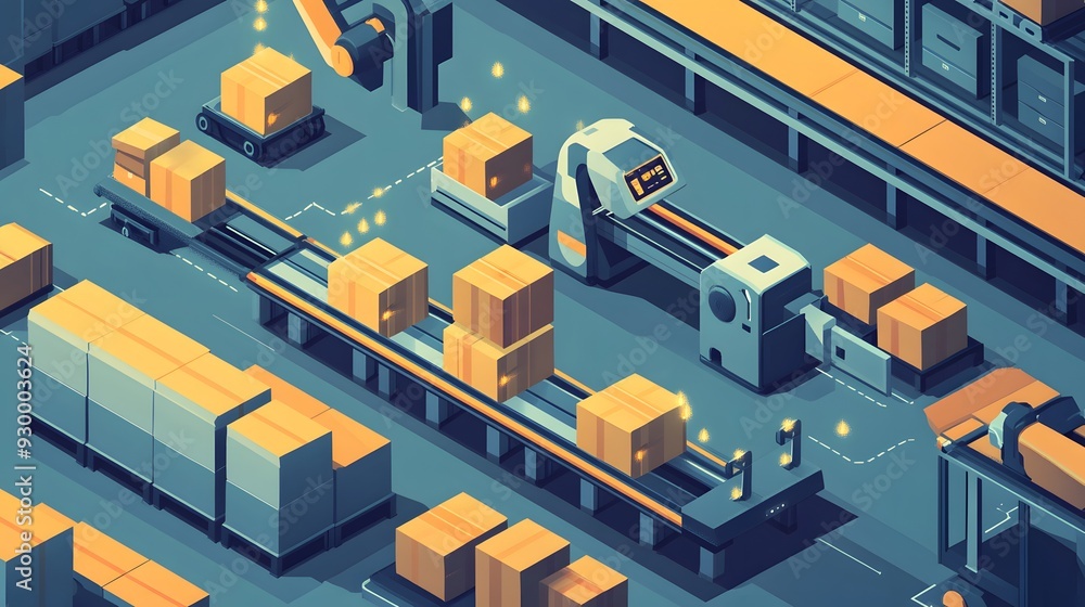 Warehouse Scanner Animation Isometric scene of a smart warehouse management system, conveyor belts ...