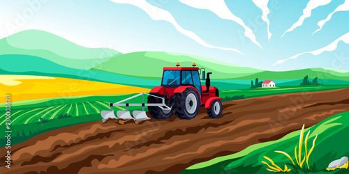 Tractor field landscape. Agricultural work farming tractors rural ranch cartoon background countryside harvest scene, farmer cultivated arable farmland recent vector illustration