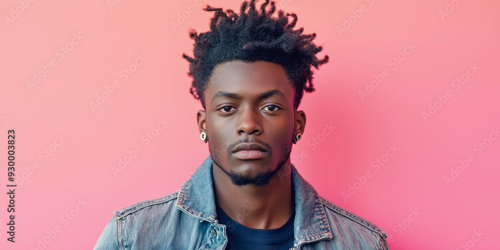 Young African American man in a punk look on a bright pink background in a denim jacket. Advertising banner Young African American man in a punk look on a bright pink background in a denim jacket. Advertising banner