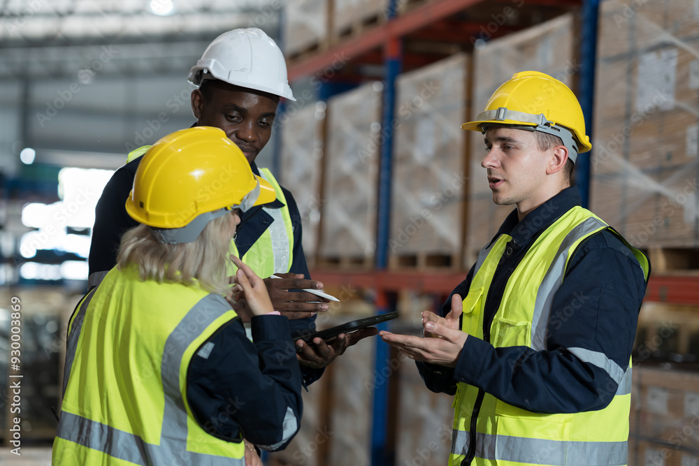 Warehouse worker working in warehouse. Male and female worker discussing at warehouse Warehouse worker working in warehouse. Male and female worker discussing at warehouse