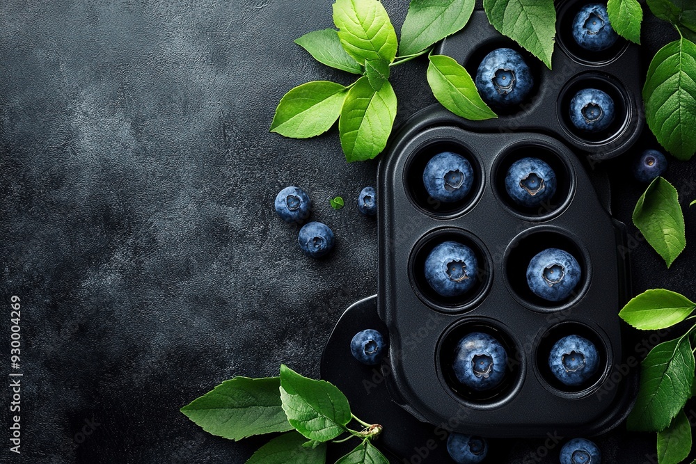 Beautiful blueberry muffins in black baking form with fresh blueberries on dark background. Delicious fruit cakes, dessert or bakery. Rustic style. Postcard design. Generative ai Beautiful blueberry muffins in black baking form with fresh blueberries on dark background. Delicious fruit cakes, dessert or bakery. Rustic style. Postcard design. Generative ai
