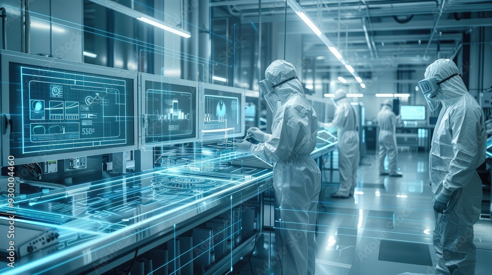 A futuristic high-tech laboratory with workers in white hazmat suits, working on advanced technology and holographic displays, inside an industrial building. Generative AI. A futuristic high-tech laboratory with workers in white hazmat suits, working on advanced technology and holographic displays, inside an industrial building. Generative AI.