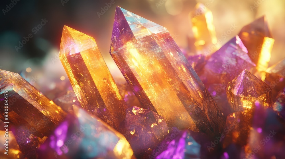 An abstract arrangement of glowing crystals in a radiant pattern, with a softly glowing background enhancing their sparkle. An abstract arrangement of glowing crystals in a radiant pattern, with a softly glowing background enhancing their sparkle.