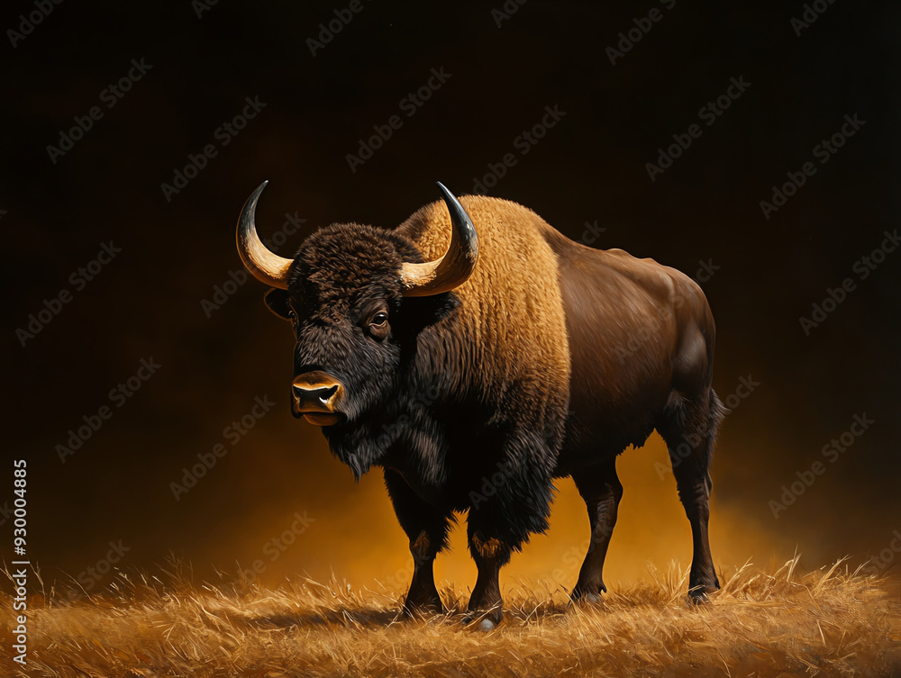 Majestic bison standing proudly in the grass, highlighted against a dramatic, dark background. Perfect for wildlife or nature-themed projects. Majestic bison standing proudly in the grass, highlighted against a dramatic, dark background. Perfect for wildlife or nature-themed projects.