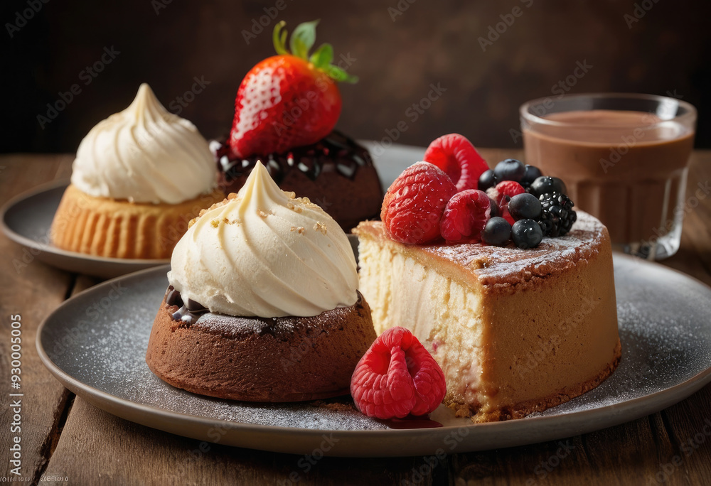 A delectable arrangement of assorted cakes topped with whipped cream and fresh fruits, including strawberries and raspberries, accompanied by a glass of chocolate drink on a rustic wooden surface. A delectable arrangement of assorted cakes topped with whipped cream and fresh fruits, including strawberries and raspberries, accompanied by a glass of chocolate drink on a rustic wooden surface.