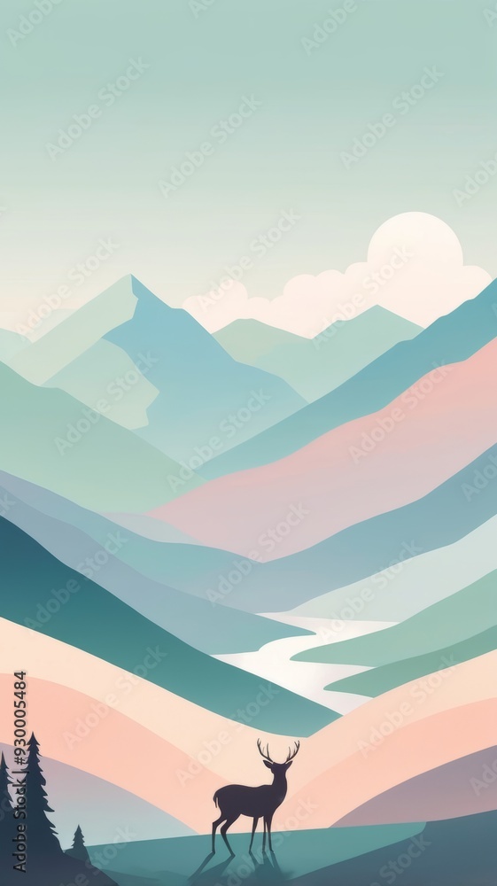 Fototapeta premium Serene Mountain Sunrise with Deer in Retro Pastel Illustration