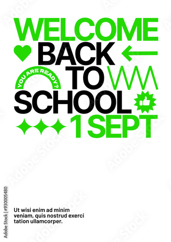 Back to school layout template. Design with geometric shapes and y2k patches, labels, tags, stickers for your flyer, poster, cover, brochure or banner. Trendy promo labels.