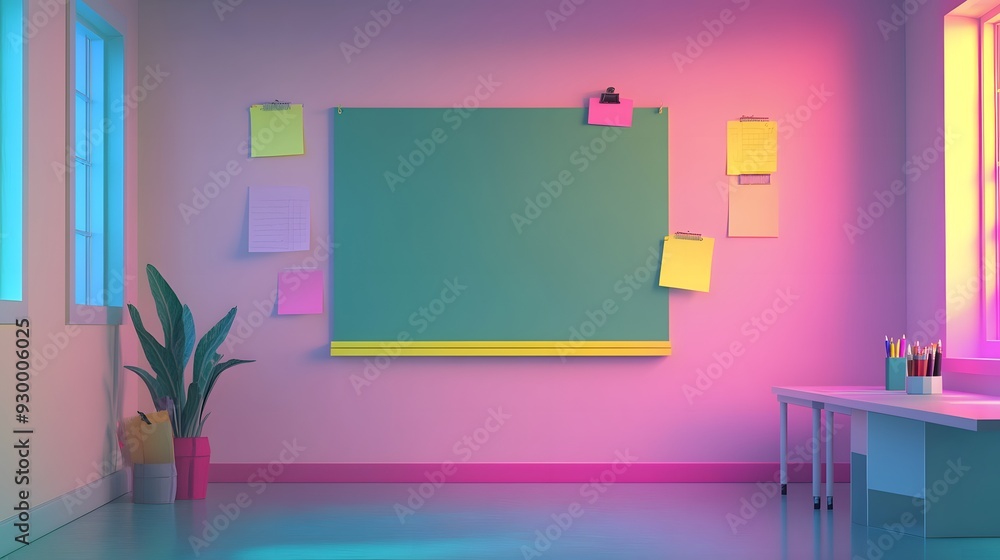 Blank 3D school board, with markers and sticky notes attached to the edges, cool ambient lighting with soft shadows, vibrant and lively colors, smooth surfaces with a polished finish, cheerful and Blank 3D school board, with markers and sticky notes attached to the edges, cool ambient lighting with soft shadows, vibrant and lively colors, smooth surfaces with a polished finish, cheerful and