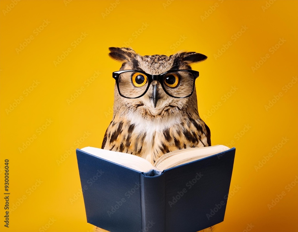 custom made wallpaper toronto digitalSmart owl bird in glasses reading a book isolated on yellow background. AI generated image