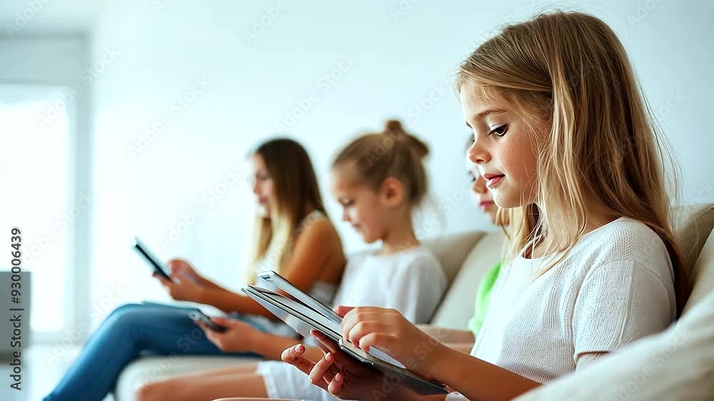 A family enjoying quality time together, each engaged with their own wireless gadgets in the living room. A family enjoying quality time together, each engaged with their own wireless gadgets in the living room.