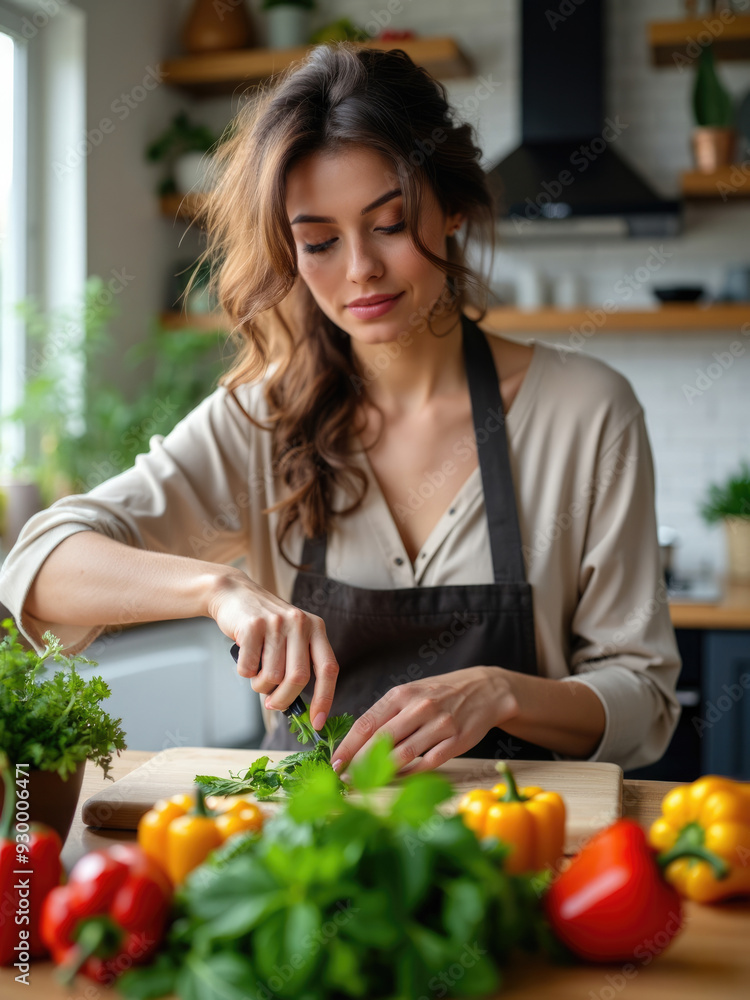 A woman prepares a meal in a bright kitchen, chopping fresh vegetables on a cutting board, surrounded by green plants, embodying the principles of healthy living, freshness, and culinary joy. A woman prepares a meal in a bright kitchen, chopping fresh vegetables on a cutting board, surrounded by green plants, embodying the principles of healthy living, freshness, and culinary joy.