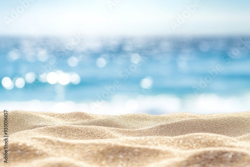 Serene summer beach scene with soft sand and calm sea, featuring natural colors and soft light, ample space for text, ideal for banners and professional designs.