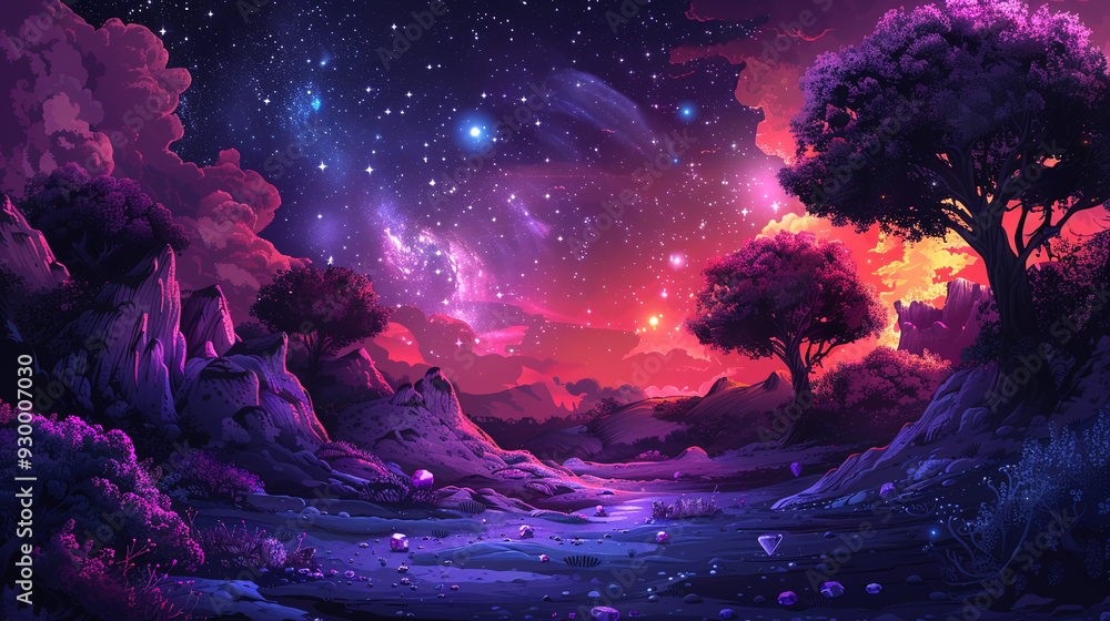 A painting of a serene valley with flowers and trees at sunset A painting of a serene valley with flowers and trees at sunset
