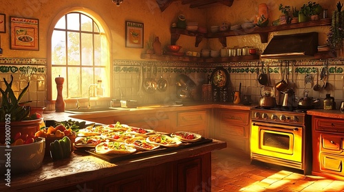 Anime-style rendering of a traditional Mexican kitchen, with tacos al pastor being prepared. The scene is warmly lit by sunlight streaming through a window, highlighting the vibrant colors and