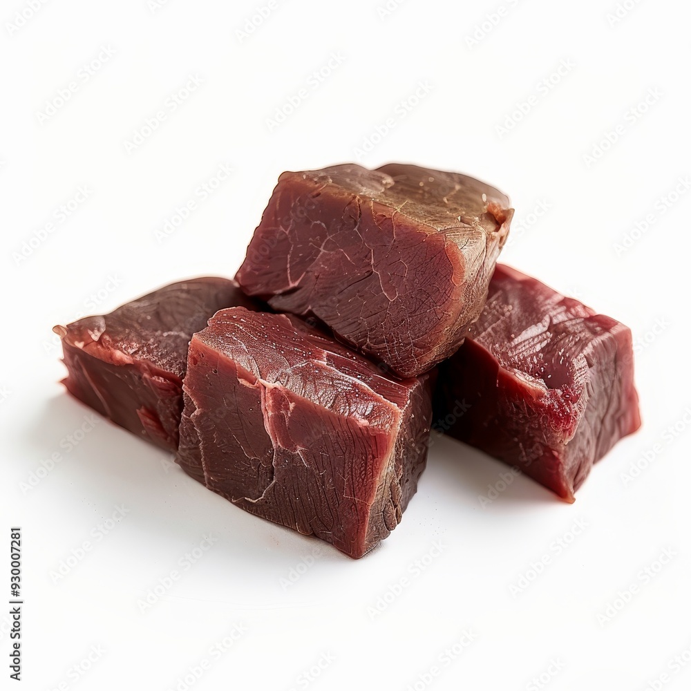 Three raw beef cubes on a white background, perfect for recipes and culinary presentations showcasing fresh, high-quality meat ingredients. Three raw beef cubes on a white background, perfect for recipes and culinary presentations showcasing fresh, high-quality meat ingredients.