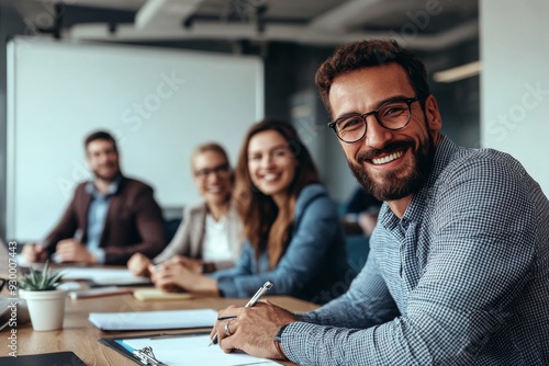 Happy businesspeople at a conference table, smiling and looking at the camera. A man with glasses takes notes on a board during a casual meeting or training session. Studio lighting used.