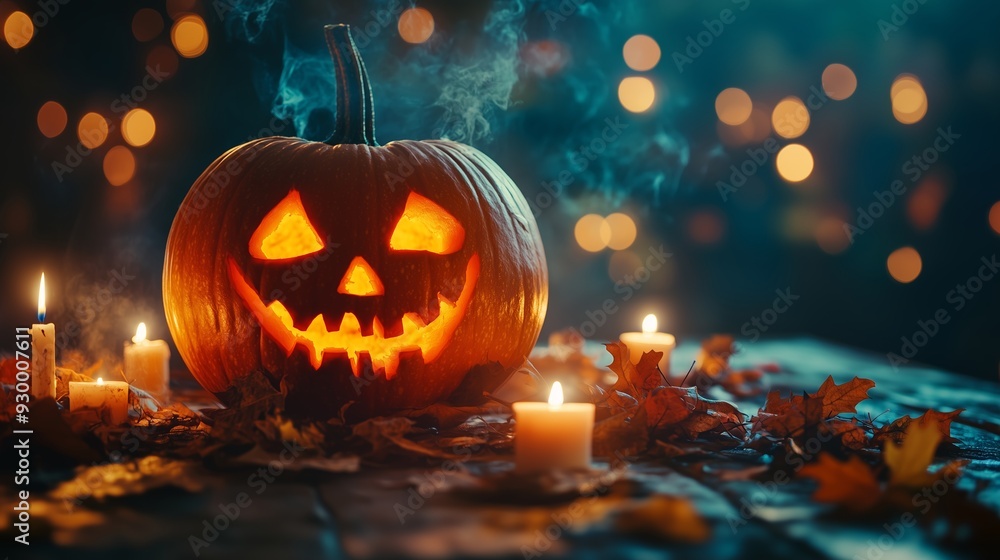 Halloween pumpkin with a carved face and candles on a wooden table. Halloween pumpkin with a carved face and candles on a wooden table.