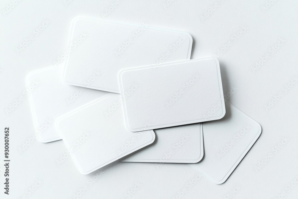 Blank business cards stacked on a white background with ample copy space for customization, top view of clean and professional design template. Blank business cards stacked on a white background with ample copy space for customization, top view of clean and professional design template.