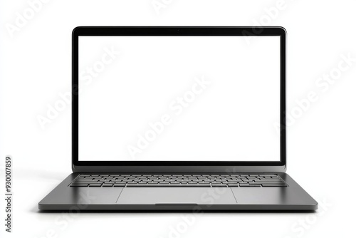Black laptop with blank screen on white background, ideal for design mockups, featuring ultra-realistic view of silver MacBook Pro.