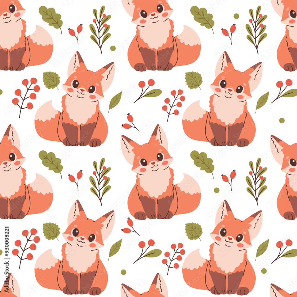 Seamless Fall pattern with fox. Cute woodland pattern with leaves and cute forest animal on bright background. Fall season stickers and clipart. Thanksgiving design Seamless Fall pattern with fox. Cute woodland pattern with leaves and cute forest animal on bright background. Fall season stickers and clipart. Thanksgiving design